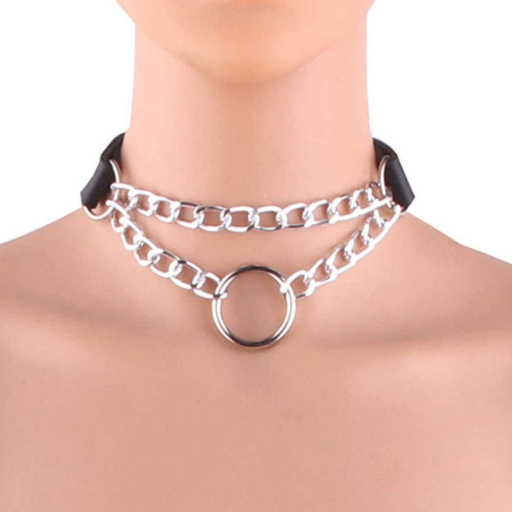 Goth Leather Choker Necklace Black Punk Ring Circle Laryered Chain Necklaces for Women and Girls
