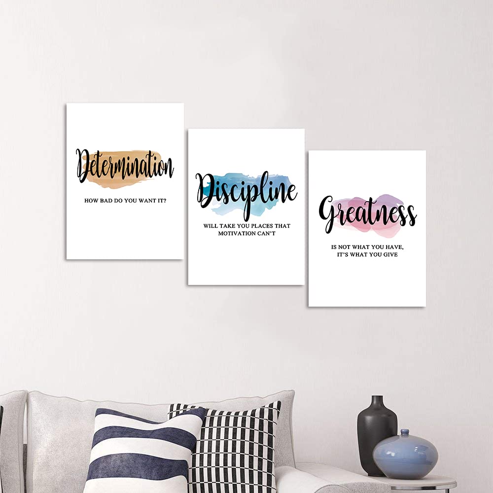 Motivational Office Wall Art - Determination Discipline Greatness Inspirational Wall Decor Positive Quotes Posters Entrepreneur Pictures Success Artwork for Home Study Room Decor (12x16x3Pcs)