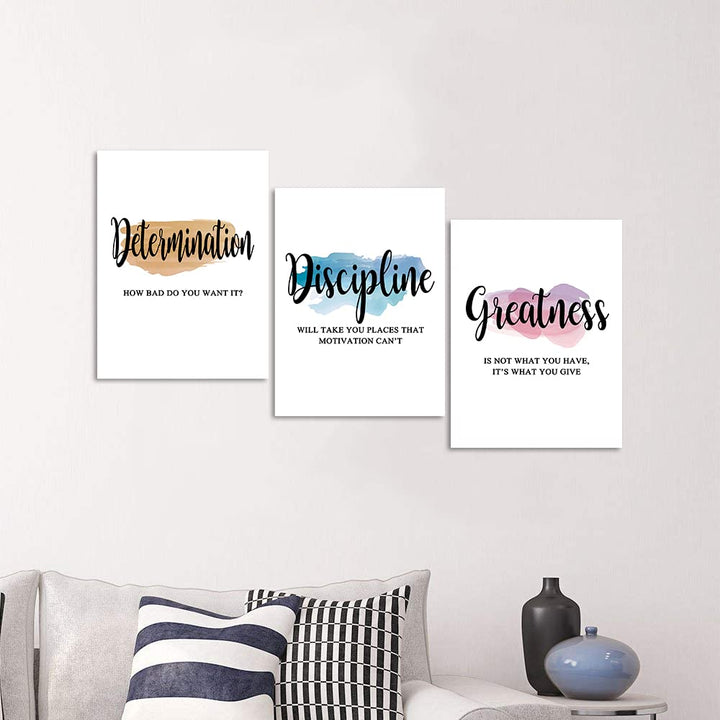 Motivational Office Wall Art - Determination Discipline Greatness Inspirational Wall Decor Positive Quotes Posters Entrepreneur Pictures Success Artwork for Home Study Room Decor (12x16x3Pcs)