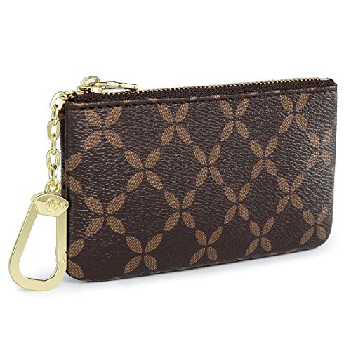 Luxury Zip Key Chain Pouch | Mini Coin Purse Wallet Card Holder with Clasp | for Men Women - Coated Canvas (Brown)