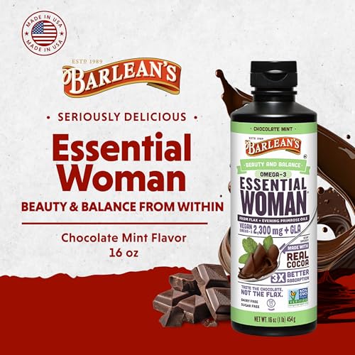 Essential Woman Chocolate Mint Liquid Supplement from Flaxseed, Evening Primrose Oil & Soy Isoflavones, Omega 3 6 9 and GLA, Hormonal Balance & Healthy Hair and Skin, 16 oz