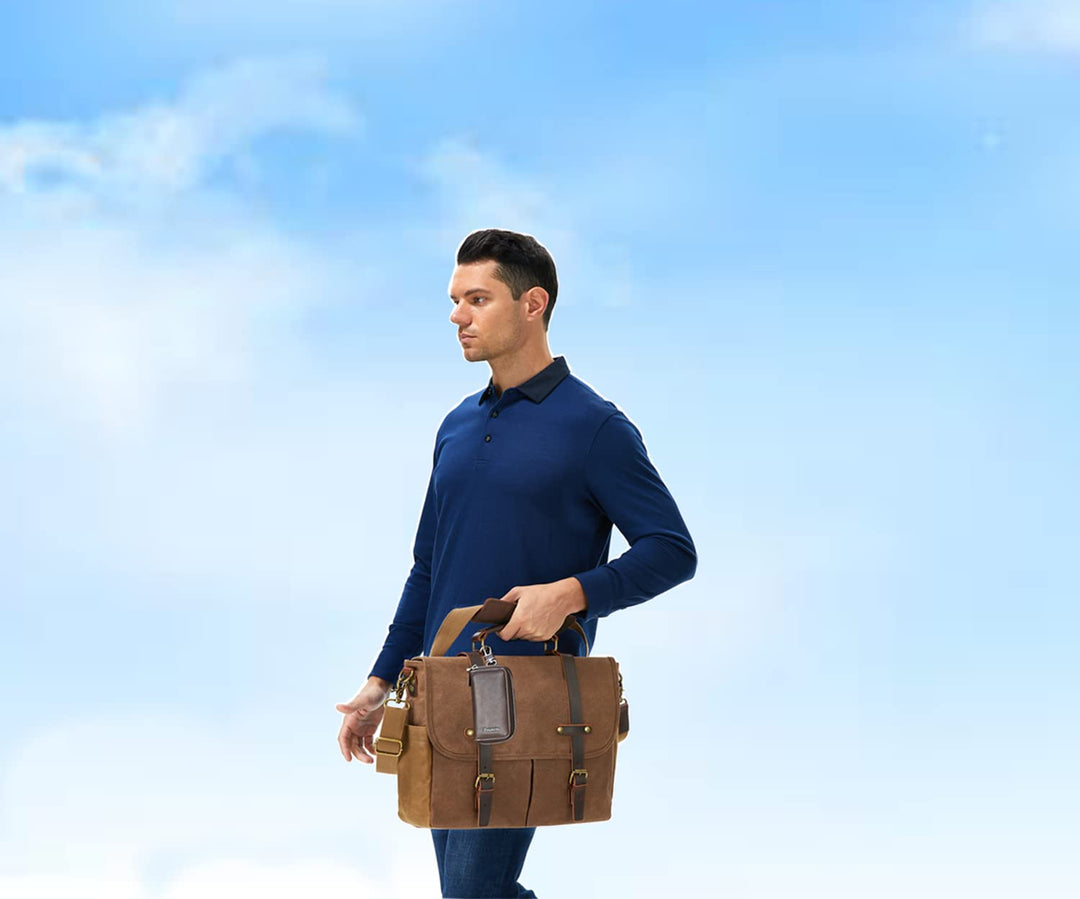 Messenger Bag for Men, 15.6 Inch Waterproof Vintage Genuine Leather Laptop Briefcase Waxed Canvas Large Computer Satchel bag Travel Leather Shoulder Work Bag with Key Bag (Brown)