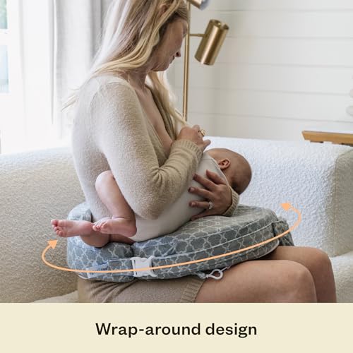 Nursing Pillow - Deluxe - Enhanced Comfort w/ Slipcover - Ergonomic Breastfeeding Pillow For Ultimate Support For Mom &amp; Baby - Adjustable Pillow W/ Handy Side Pocket, Flower Key Grey