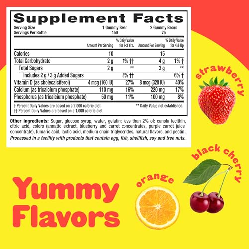L’il Critters Calcium + D3 Daily Gummy Supplement for Kids, for Bone Support, Orange, Strawberry and Cherry Flavors, 150 Gummies