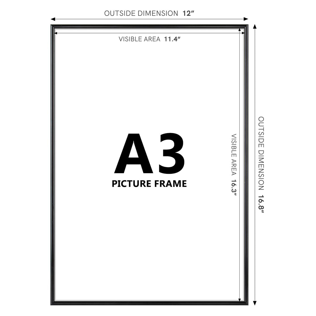 A3 Picture Poster Frame, Display Pictures 11.7x16.5 Without Mat, Thin Border Metal with Plexiglass for Horizontal and Vertical, Black