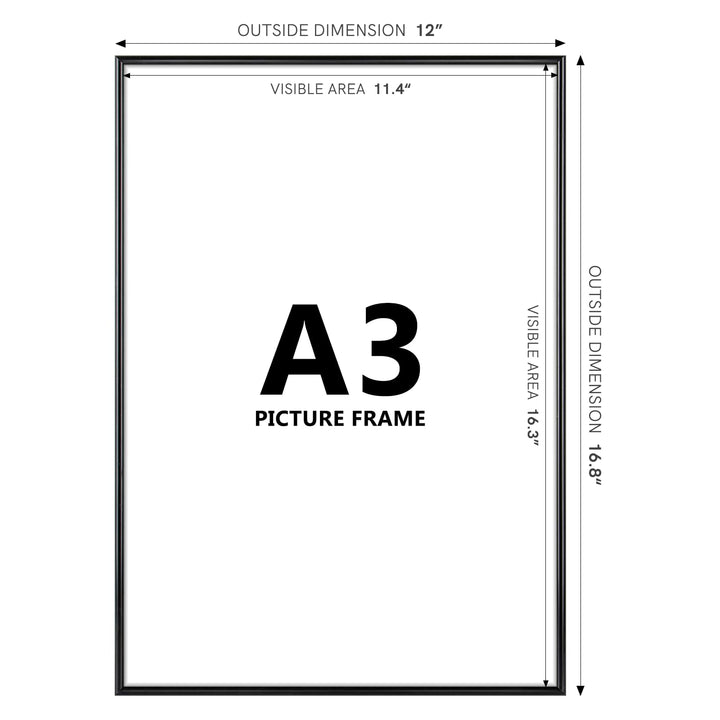 A3 Picture Poster Frame, Display Pictures 11.7x16.5 Without Mat, Thin Border Metal with Plexiglass for Horizontal and Vertical, Black