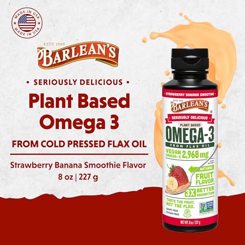 Strawberry Banana Omega 3 Liquid Flaxseed Oil with 2,968 mg Vegan Omegas 3 6 9, Smoothie Supplements for Kids and Adults, Non-GMO and Gluten Free, 16 oz