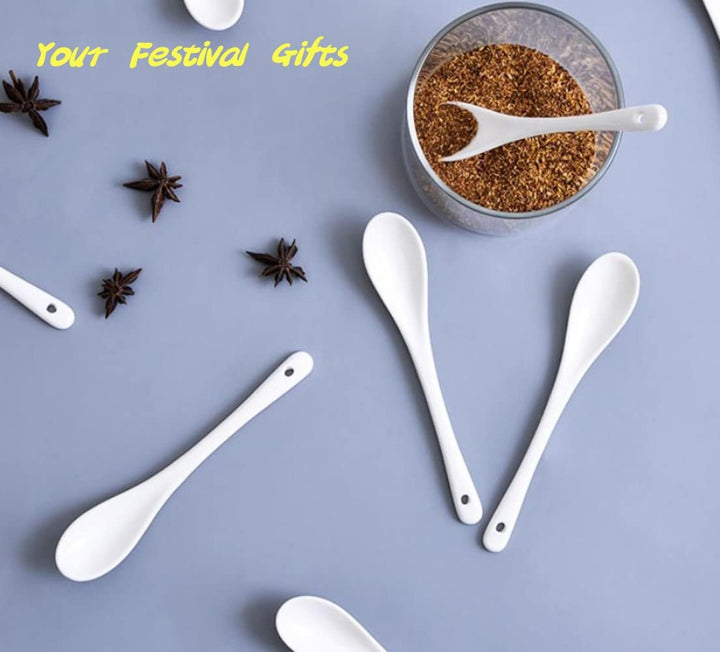 5inch 6inch Japanese Ceramic Spoon Salt Coffee Mini White Sugar Dessert Dinner Soup Spoons 10pcs Packed White Color (13cm, 10)