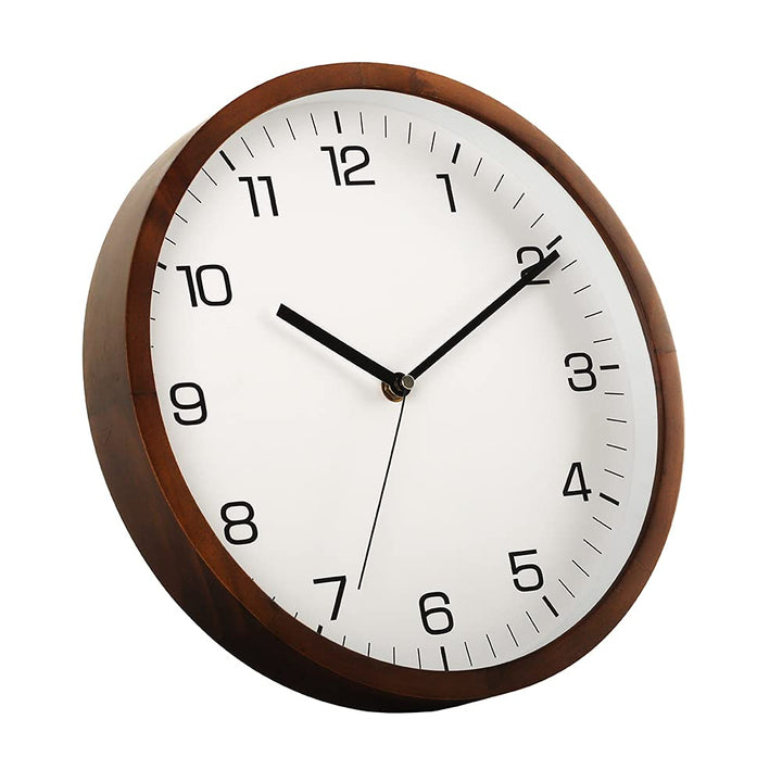 12 Inches Round Wooden Wall Clock Battery Operated Silent Non-Ticking,Metal Pointer&amp;Glass Cover, for Office Kitchen Bedroom Classroom&amp;Living Room, Brown