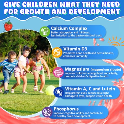 Kids Calcium Gummies + D3 &amp; Magnesium for 4+, with Calcium Citrate Calcium Gluconate, Calcium Lactate, Probiotics &amp; Prebiotics for Children Bone Health,Muscle Support,Digestive Health,Sugar Free 60Cts