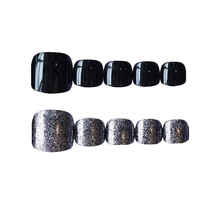 24Pcs Short Glitter False Toe Nails Full Cover Acrylic Feet Nail Art Tips Press On Fake Toenails Black