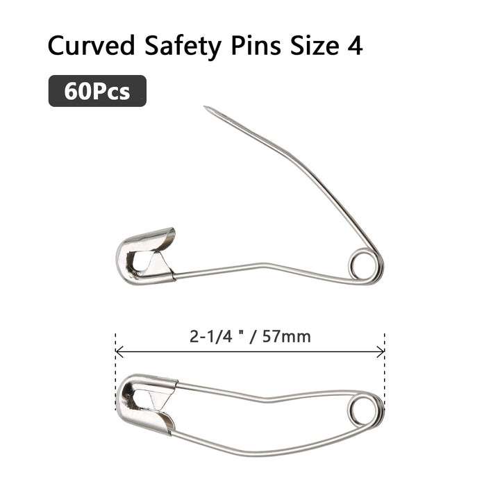 60Pcs Curved Safety Pins Size 4, 2-1/4 inch / 57mm Quilting Basting Pins, Bent Safety Pins for Quilting and Knitting (Sliver)