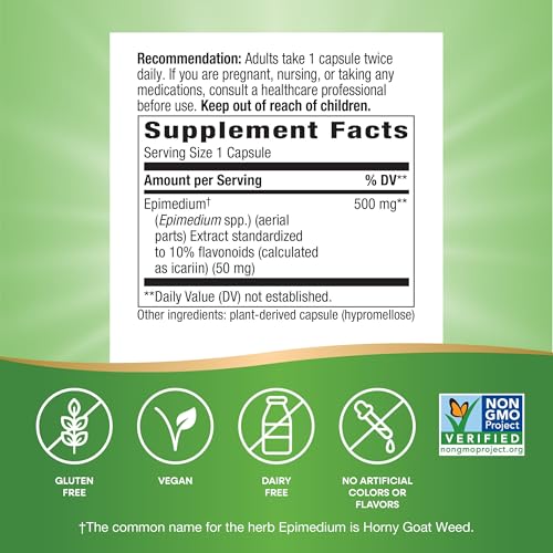 Horny Goat Weed Premium Extract Sexual Vitality,* Non-GMO, Vegan, 60 Capsules