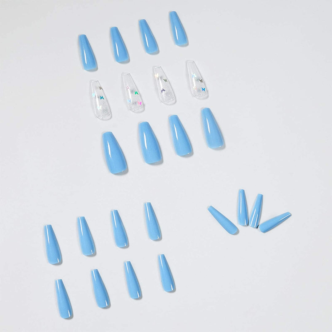 Coffin Fake Nails, 24Pcs Butterfly Ballerina False Nails Blue Press on Nails Long Acrylic Nail Tips with Design for Women and Girls