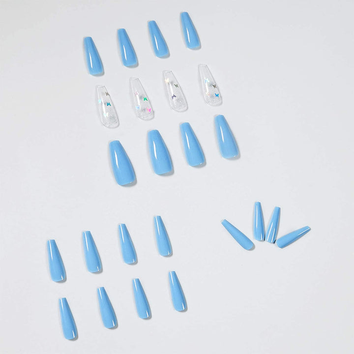 Coffin Fake Nails, 24Pcs Butterfly Ballerina False Nails Blue Press on Nails Long Acrylic Nail Tips with Design for Women and Girls