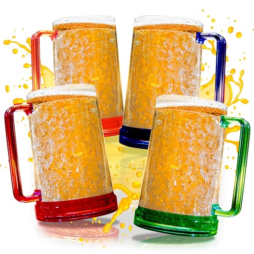 Beer Mugs with Gel Freezer 16 oz, Clear Double Walled Beer Mugs with Handles Set Of 4