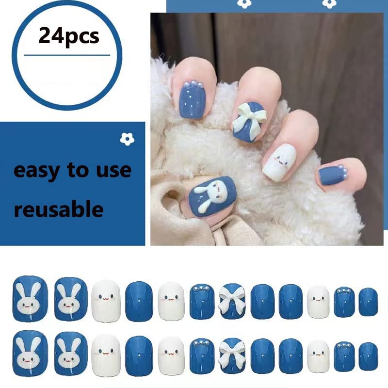 Cute Fake Press on Nails for Women Kid Cute Rabbit Fake Nails Pre-glue Short Full Cover False Nail Tips Stick on Nails Lovely Gift Girls Nail Art Decoration -Blue