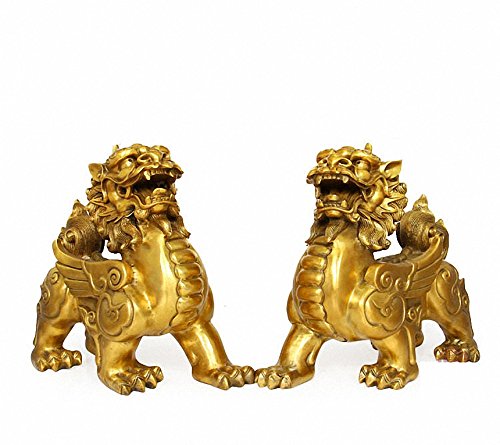 Feng Shui Set of Two Golden Brass Pi Yao/Pi Xiu Wealth Porsperity Figurine,Attract Wealth and Good Luck,Best Decoration for Office or Home