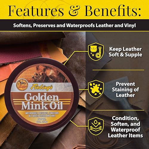Fiebing&#39;s Golden Mink Oil for Leather Boots (6 oz) - Leather Cleaner &amp; Conditioner - Waterproof, Preserve, Soften All Smooth Leathercraft &amp; Vinyl - Prevents Salt Stains - Use On Couch, Shoe, Purse