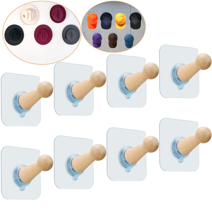 Adhesive Hat Hooks for Wall Hat Hanger Decorative Cap Holder Extended Wooden Pegs Towel Hooks for Door Bathroom Closet Cabinet Entryway Wardrobe-8 Pack