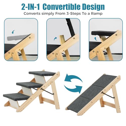 Wood Pet Stairs/Pet Steps - Foldable 3 Levels Dog Stairs & Ramp Perfect for Beds and Cars - Portable Dog/Cat Ladder Up to 110 Pounds