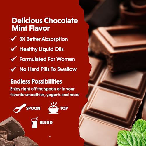 Barlean&#39;s Essential Woman Chocolate Mint Liquid Supplement from Flaxseed, Evening Primrose Oil &amp; Soy Isoflavones, Omega 3 6 9 and GLA, Hormonal Balance &amp; Healthy Hair and Skin, 16 oz
