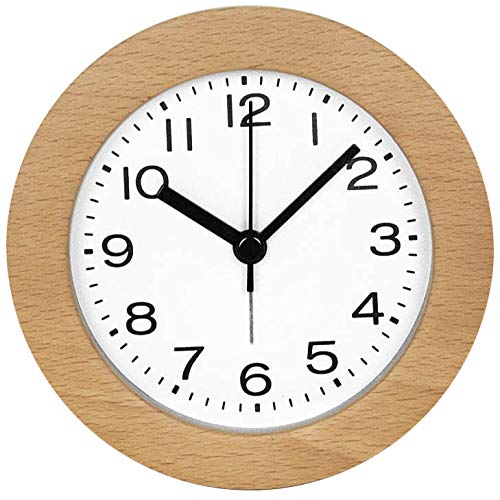 3-Inches Round Wooden Alarm Clock with Arabic Numerals, Non-Ticking Silent, Backlight, Battery Operated, Nature