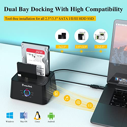 USB 3.0 and USB C to SATA Dual-Bay External Hard Drive Docking Station for 2.5/3.5 Inch HDD/SSD with UASP (6Gbps), Support Offline Clone/Duplicator Function [16TB X2 ]-Black