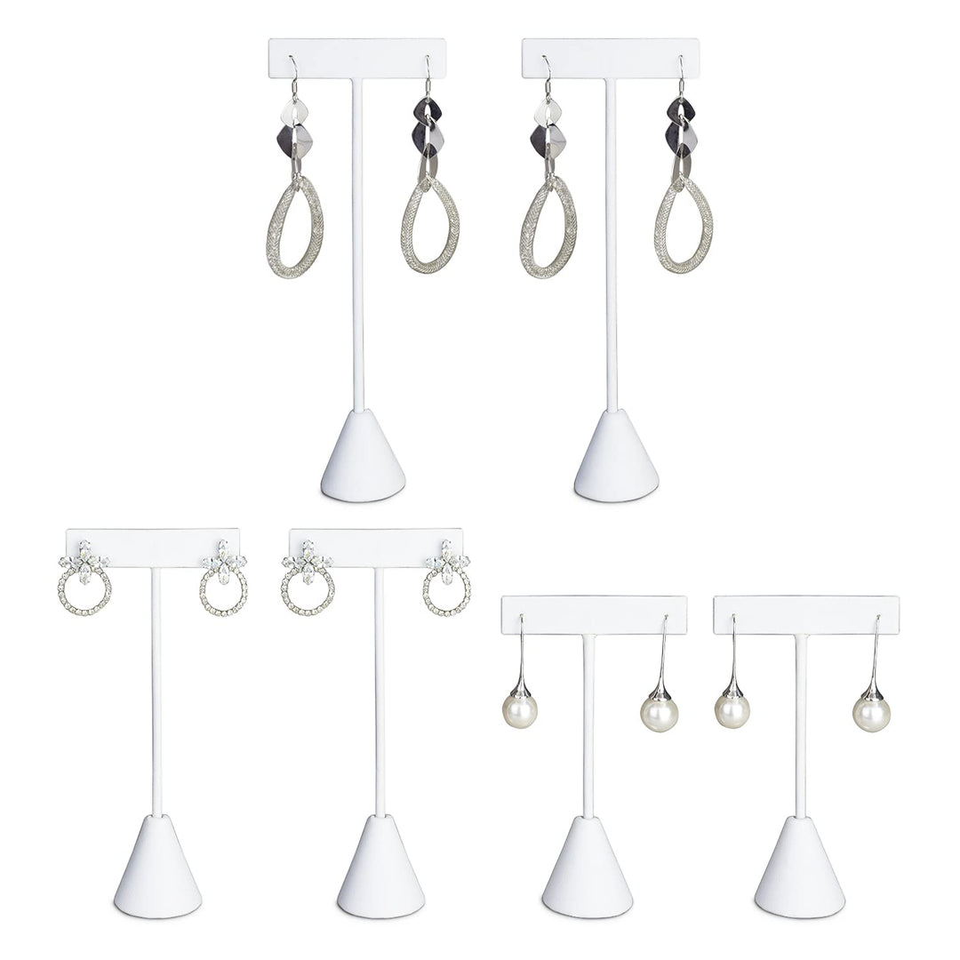 6Pcs Set Earring T Stand Display Set with 3 Different Heights, T Shape Jewelry Earring Showroom and Tradeshow Showcase Displays, White Leatherette, 4 1/2 H in; 5 3/4 H in; 6 3/4 H in