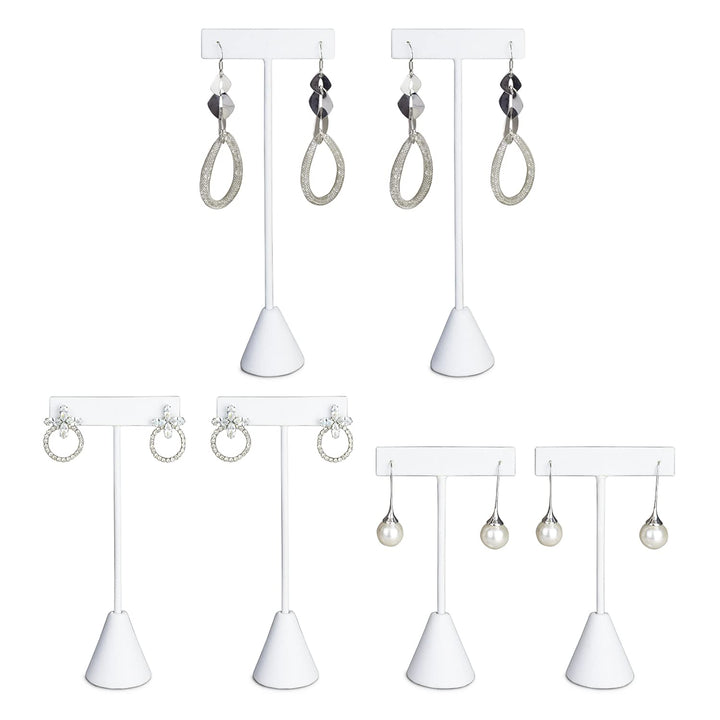 6Pcs Set Earring T Stand Display Set with 3 Different Heights, T Shape Jewelry Earring Showroom and Tradeshow Showcase Displays, White Leatherette, 4 1/2 H in; 5 3/4 H in; 6 3/4 H in