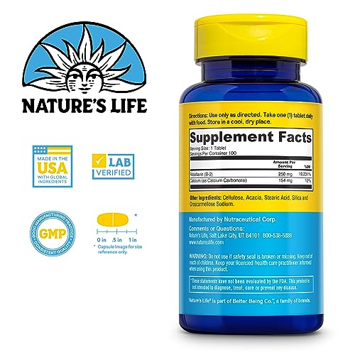 Nature&#39;s Life Vitamin B-2 250 mg - Vitamin B2 Energy Pills for Metabolism Support - High-Potency Riboflavin Plus Calcium Supplement - One Per Day - 100 Servings, 100 Tablets