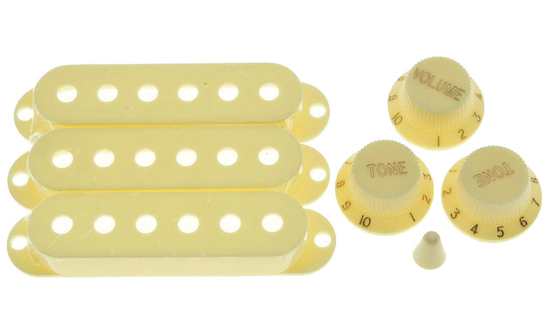 Aged White ST Strat Pickup Covers Knobs and 5 Way Switch Tip
