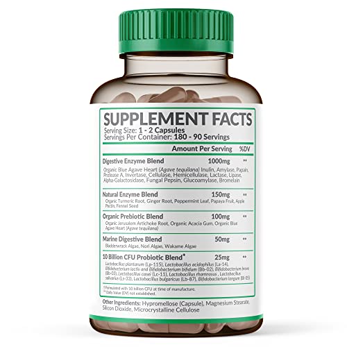Digestive Enzymes 1000MG Plus Prebiotics & Probiotics Supplement, 180 Capsules, Organic Plant-Based Vegan Formula for Digestion & Lactose with Amylase & Bromelain,3-6 Months Supply