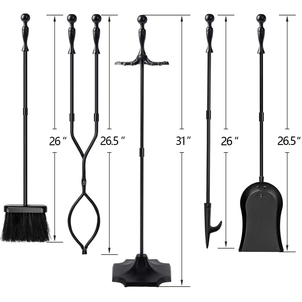 AMAGABELI GARDEN &amp; HOME 5 Pcs Fireplace Tools Sets Black Handle Wrought Iron Large Fire Tool Set and Holder Outdoor Fireset Fire Pit Stand