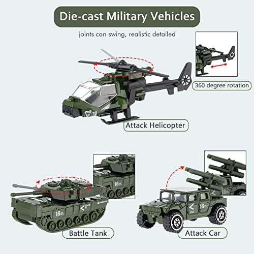 Diecast Military Vehicles, 6 Pack Army Toys Assorted Alloy Metal Model Cars Tank,Helicopter,Panzer,Anti-Air Vehicle Playsets Gift for Boys Kids Age 6 7 8 9 10