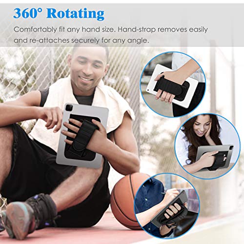 Universal Tablet Hand Strap Holder - [Dual Stand Supports] Detachable Padded Hook &amp; Loop Fastening Handle Grip with Adhesive Patch for iPad/Galaxy Tab and All 7-11 Tablets, Black