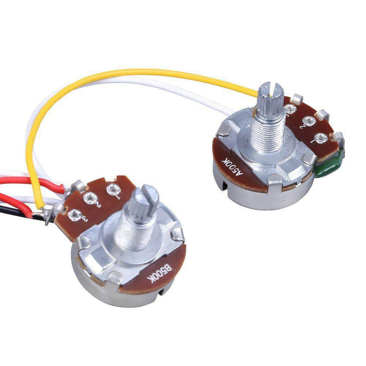 Prewired Guitar Wiring Harness Electronics Kit, 2T1V 500K Pots Control Knobs 5-Way Switch with Jack Compatible for Strat Style Guitar Replacements, Cream Cap