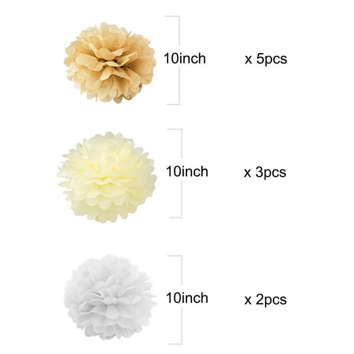 10PCS Mixed Cream Tan Brown White Party Tissue Paper Pom Poms Rustic Wedding Vintage Baby Shower Birthday Nursery Hanging Decoration