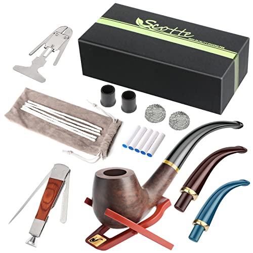 Scotte Wood Pipe Kit Handmade Pipe with Replaceable Pipe Stem and Accessories in Gift Box (Black&B)