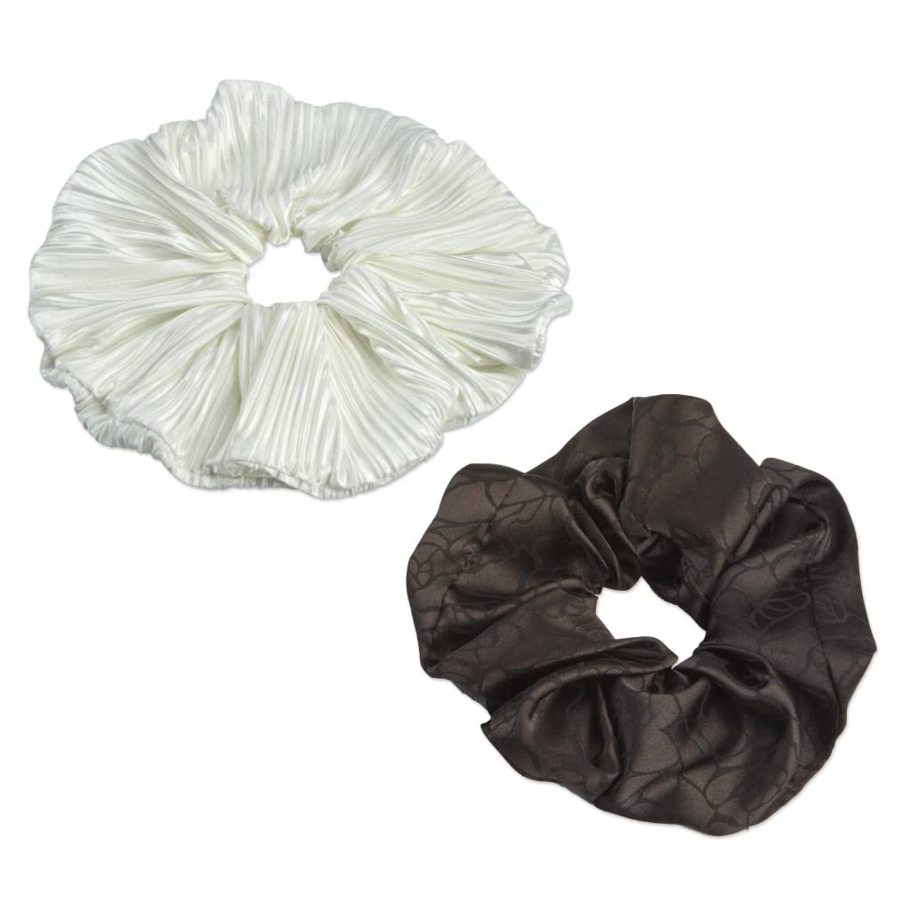 The Original Scrunchie® Jumbo XL Fashion Oversized Fabulous Fabric Gift Box Includes 2 Unique Designs: White Pleated Satin &amp; Luxury Black Jacquard in Acrylic Presentation Box