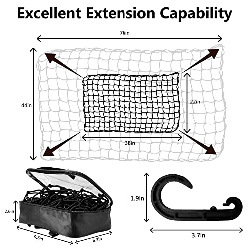 22x38 Cargo Net Stretches to 44x76, Latex Bungee Cargo Net with 2X2 Small Mesh and 12 Adjustable Plastic Hooks, for Car ATV Boat SUV Van Trailer Snowmobile (Black)