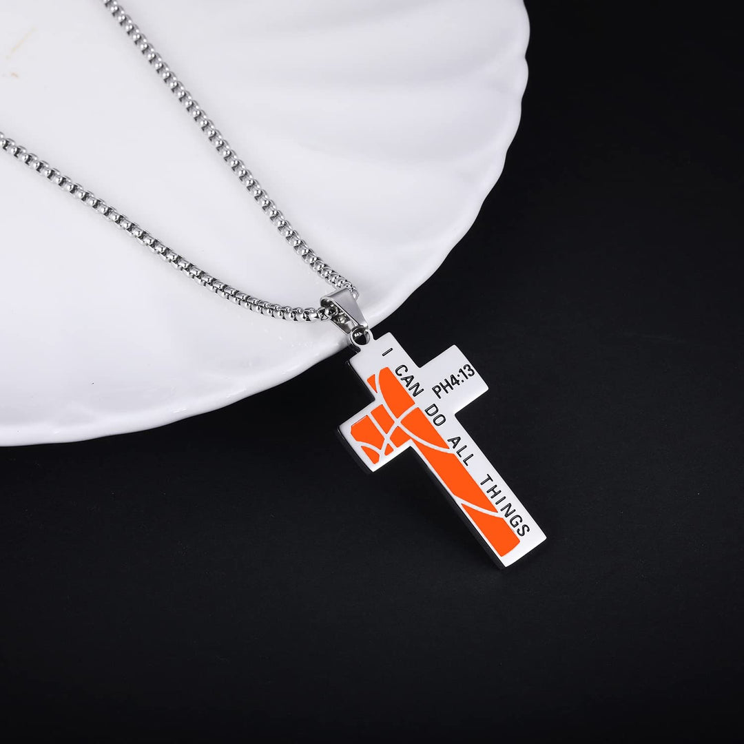 Basketball Cross Necklace for Men Bible Verse I CAN DO All Things Stainless Steel Sport Pendant for Men(Silver)