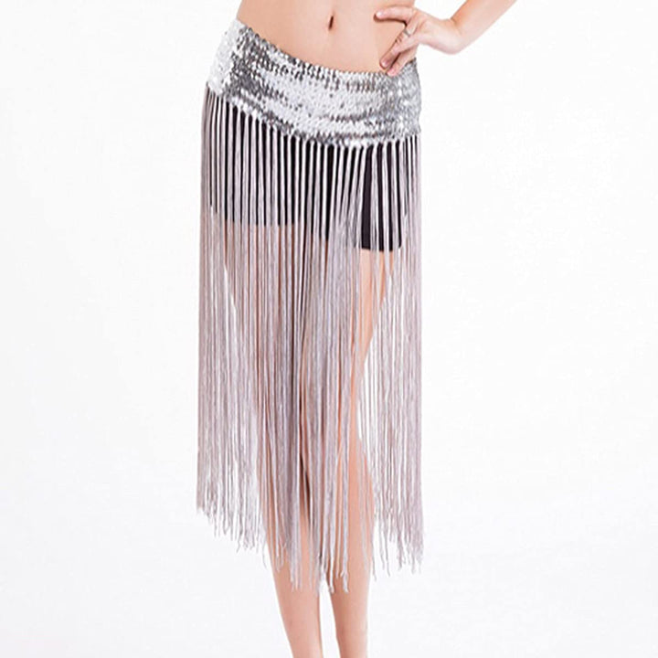 Women&#39;s Sequin Belly Dance Skirt Tassel Sequins Hip Scarf Wrap Halloween Costume Club Festival (Silver)