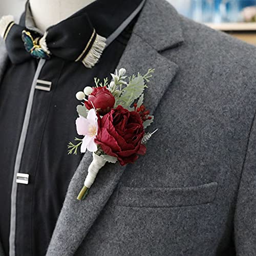 2Pcs Artificial Flowers Wrist Corsage and Boutonniere Set, Groom Groomsmen Bride Bridesmaids Wedding Flowers Accessories Prom Party Suit Decorations - Wine Red