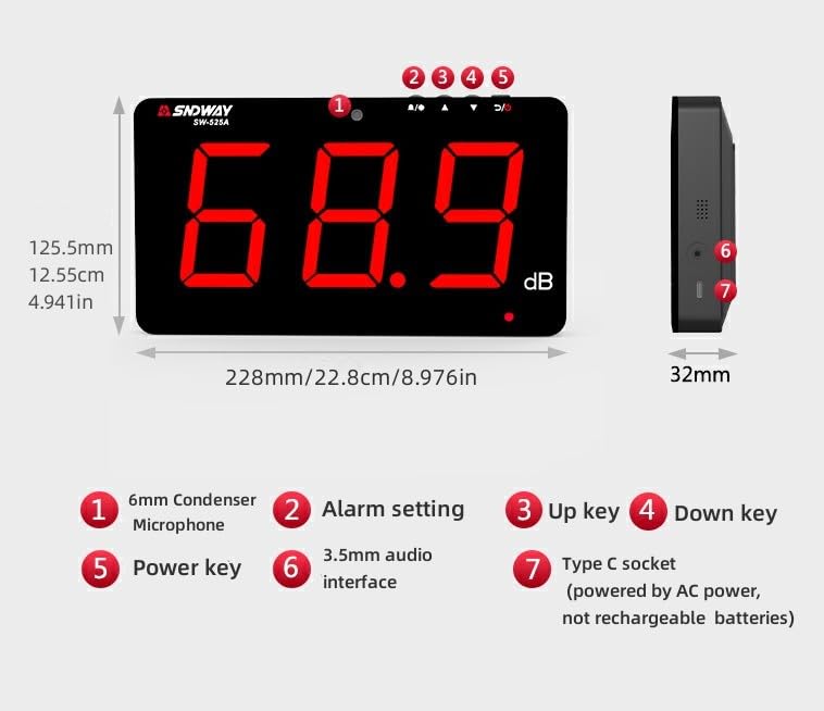 SW-525A Sound Level Meter Tester 30-130db Large Screen Red LCD Display Wall Hanging Type Decibel Noise Measuring with Alarm (Sound Level Meter)