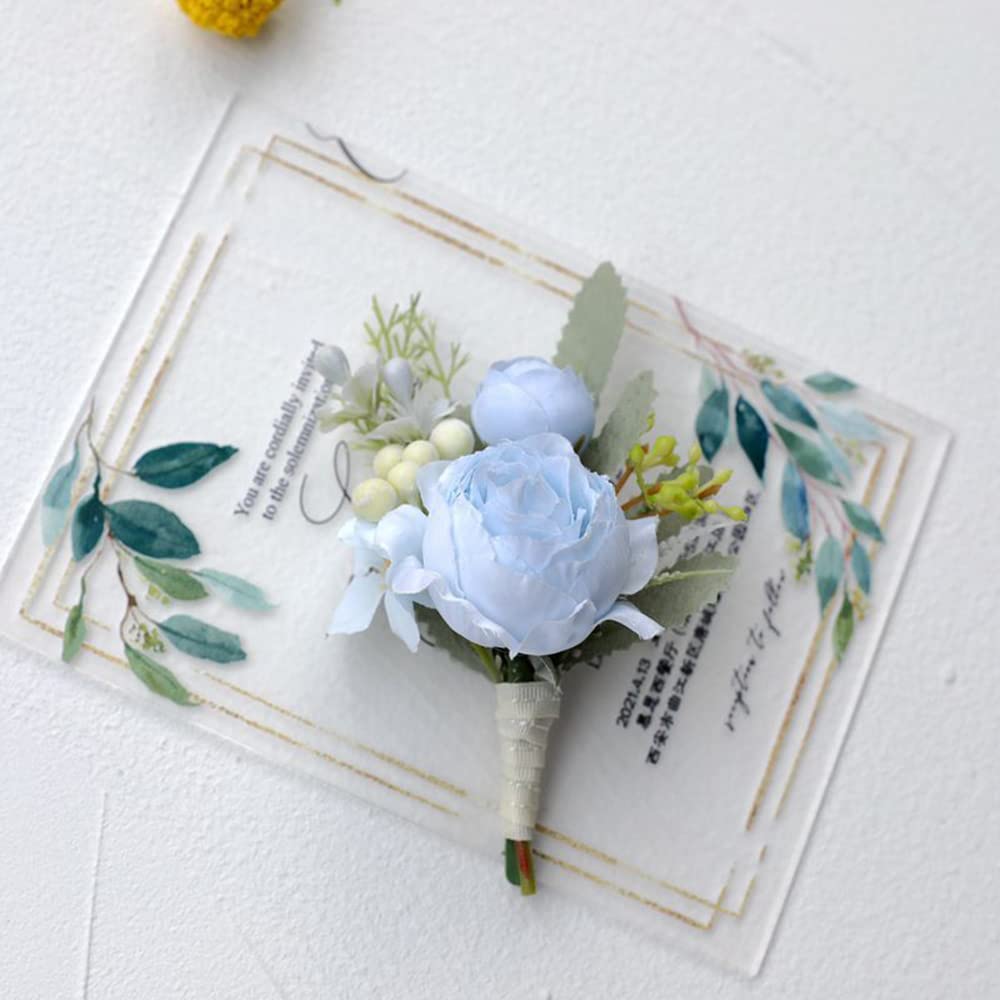 2Pcs Artificial Flowers Wrist Corsage and Boutonniere Set, Groom Groomsmen Bride Bridesmaids Wedding Flowers Accessories Prom Party Suit Decorations - Light Blue
