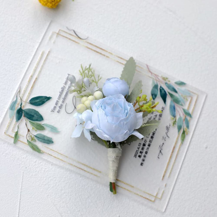 2Pcs Artificial Flowers Wrist Corsage and Boutonniere Set, Groom Groomsmen Bride Bridesmaids Wedding Flowers Accessories Prom Party Suit Decorations - Light Blue