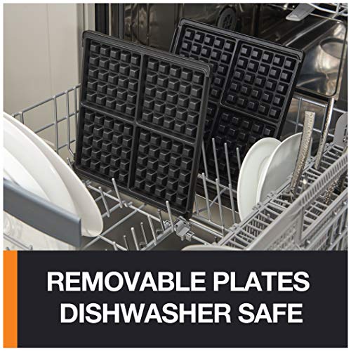 Krups Breakfast Set Stainless Steel Waffle Maker 4 Slices Audible Ready Beep, 1200 Watts Square, 5 Browning Levels, Removable Plates, Dishwasher Safe, Belgian Waffle Silver and Black