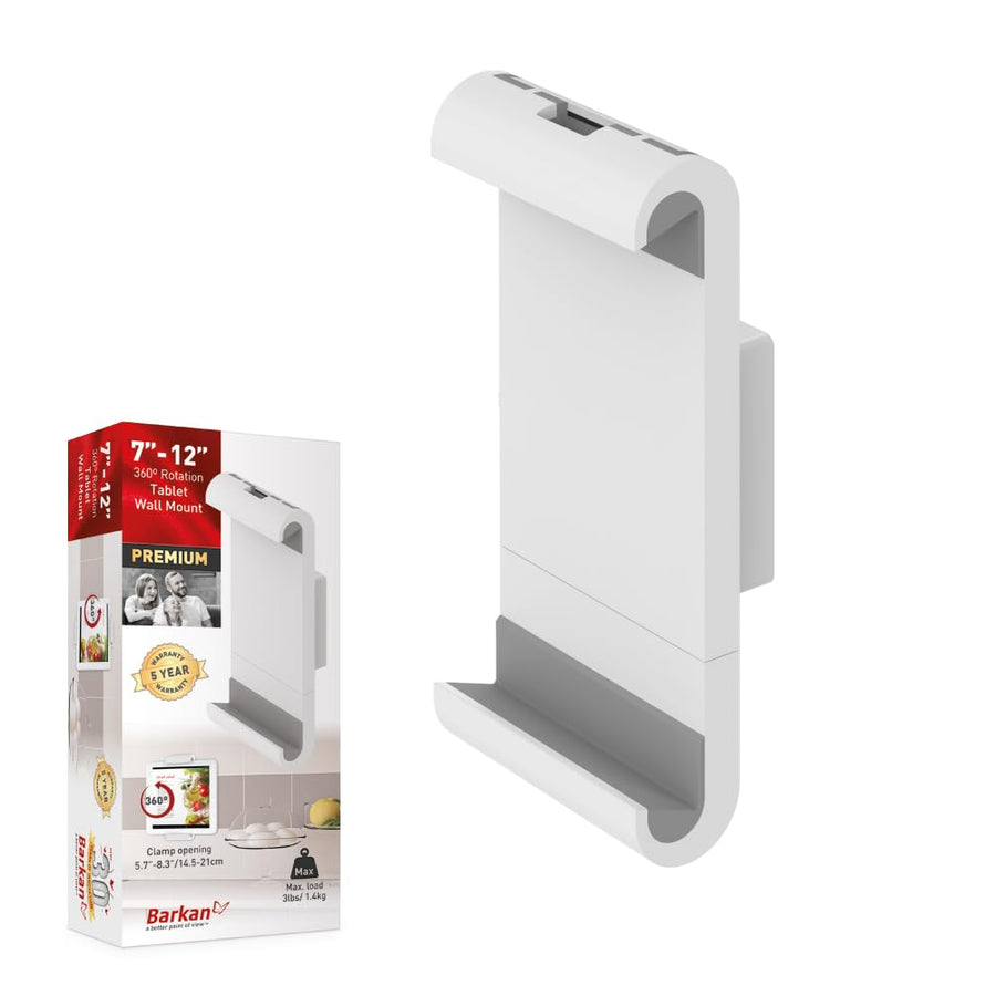 7-12 inch Fixed Tablet Wall Mount 3 lbs White Firm Tablet Clamp 360 Degree Rotation Very Low Profile