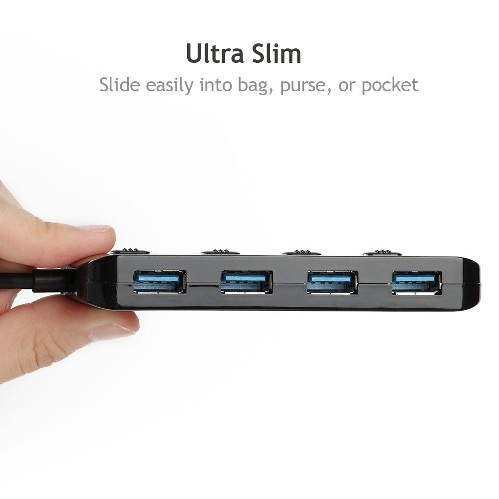 Multi USB Port Expander, Ultra Slim USB Hub 3.0, 4-Ports USB Splitter High-Speed USB Data Hub with Individual On/Off Power Switches for Laptop, Computer, PC, Thumb Driver and More